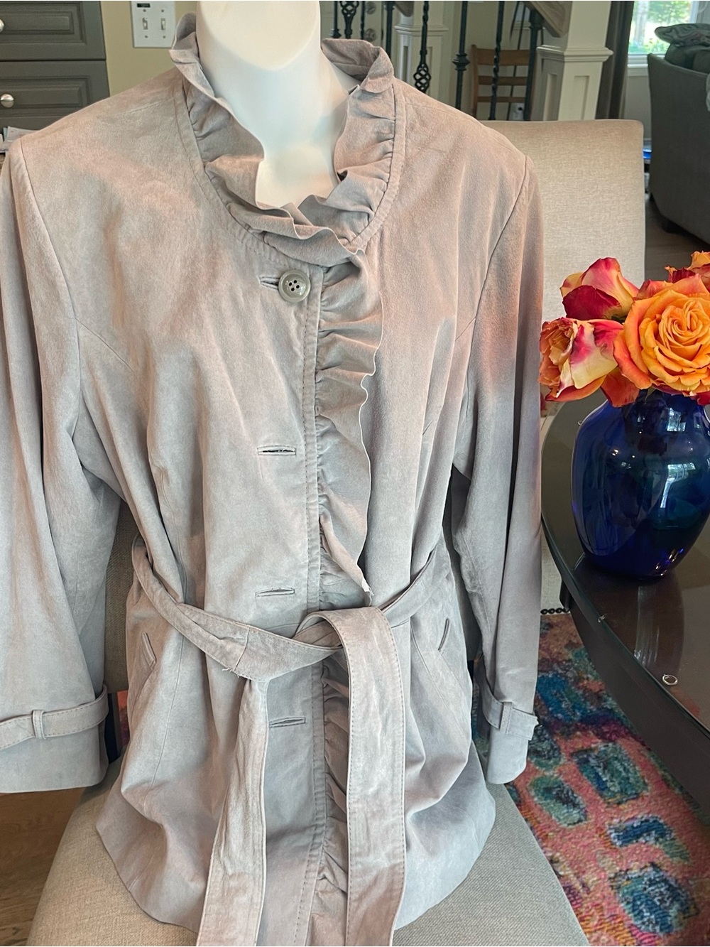 Pamela McCoy Soft Ruffle-Collar Tie-Waist Trench Coat - Light Taupe